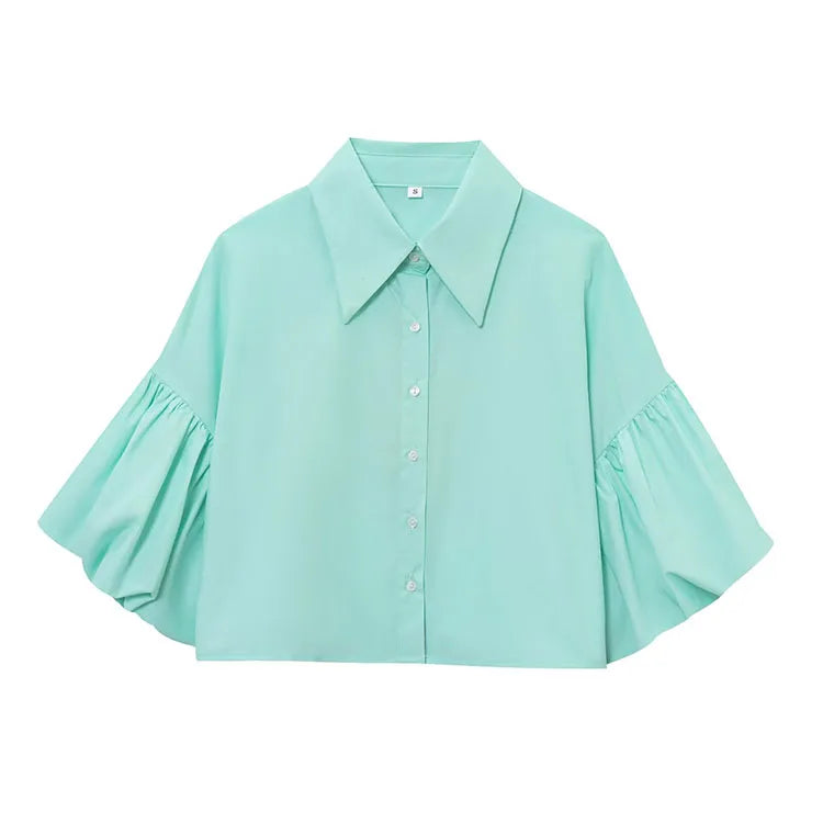 Women's Casual Short Shirt with Puff Sleeves Button Front Loose Blouse Chic Spring Top