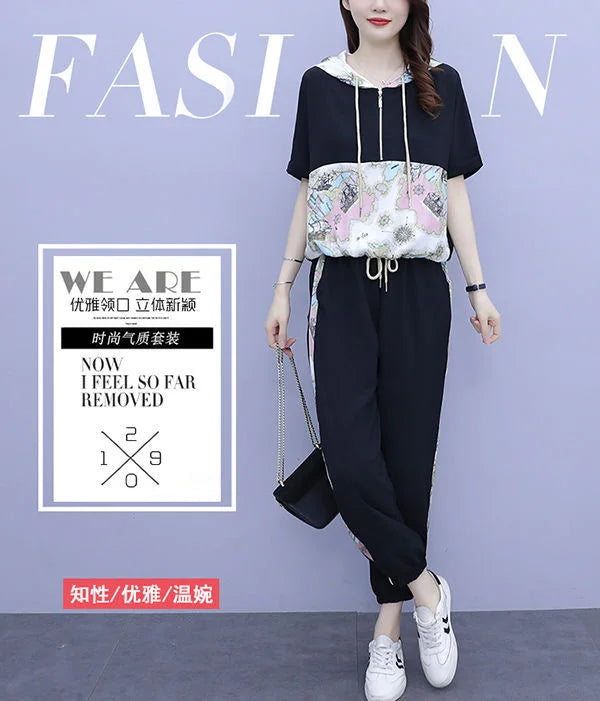 Women's Casual Two Piece Set with Hooded T-Shirt and Contrast Printed Pants for Spring and Summer Fashion