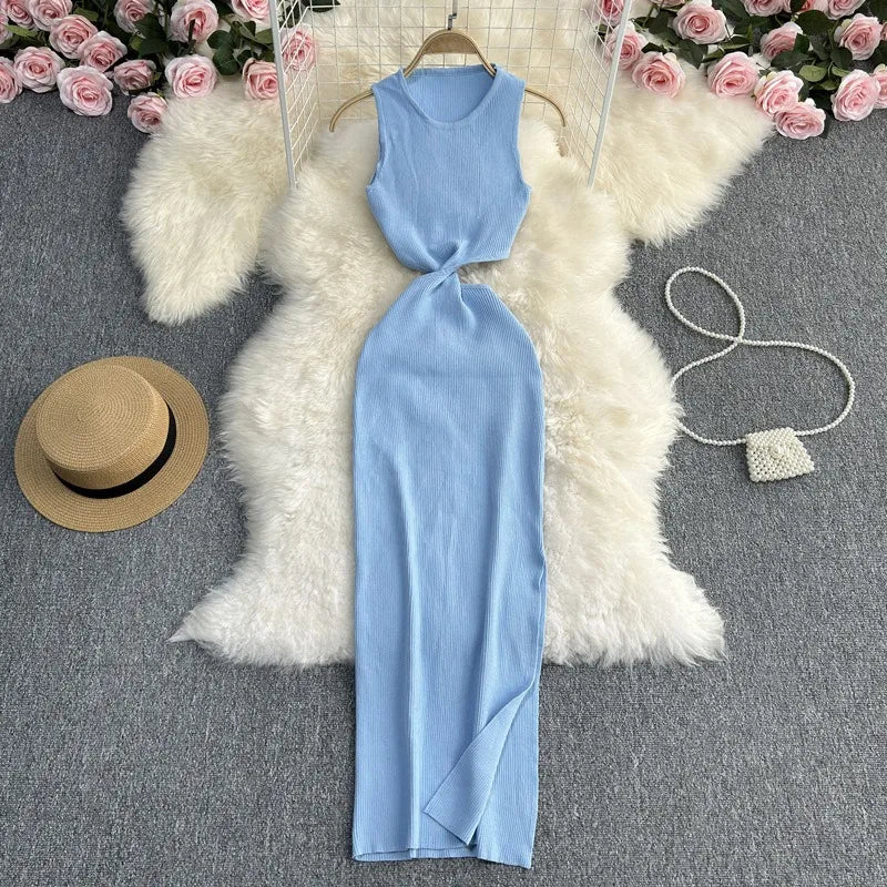 Knot Hollow Out Waist Knitted Bodycon Maxi Dress For Women