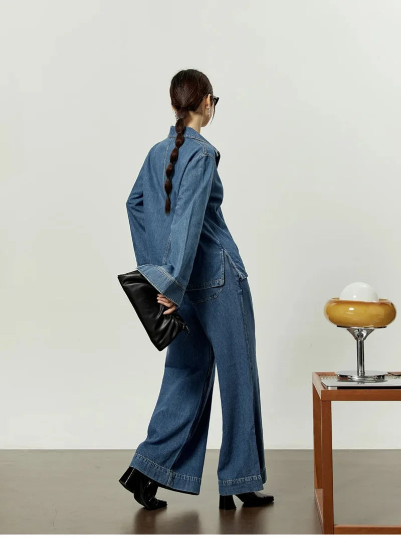 Casual Open Collar Denim Top with Pocket and Loose Wide Leg Drawstring Waist Denim Pants Two Piece Set for Women