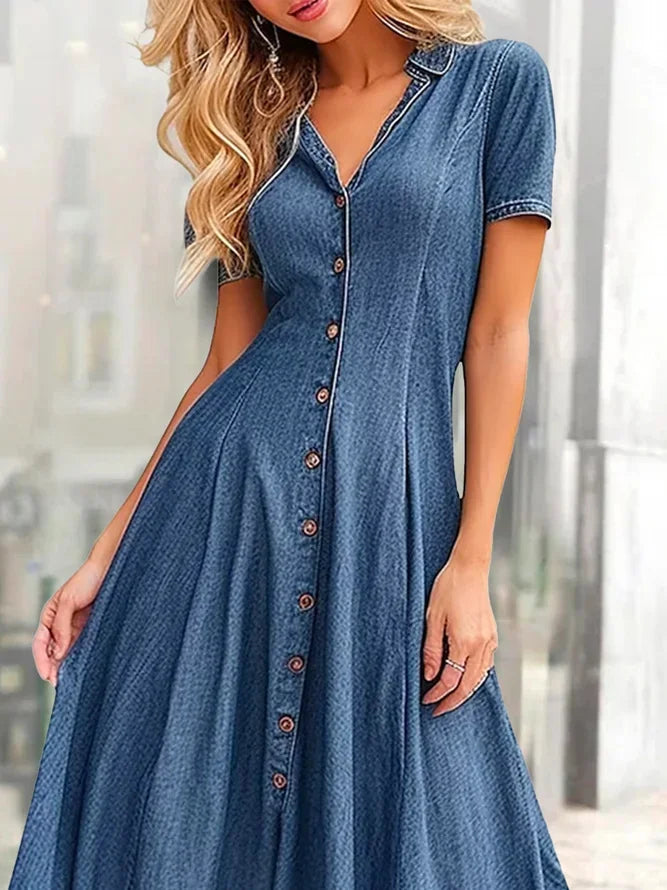 Denim Shirt Dress Women Casual Loose Fit Short Sleeve Slit