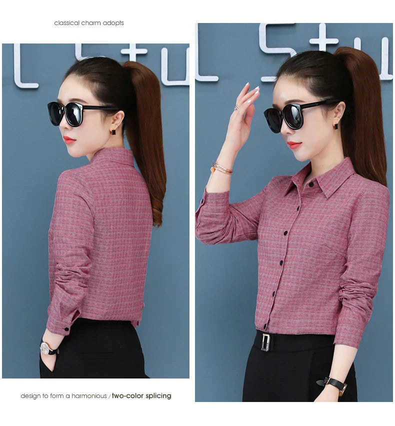 Women's Long Sleeve Slimming Cotton Shirt with Flip Collar Casual Versatile Top for Spring and Autumn Fashion