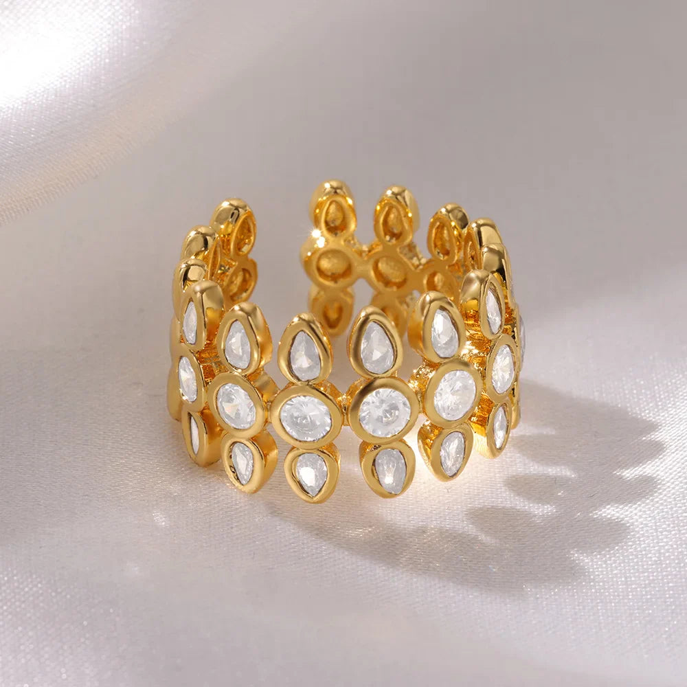 White Zircon Geometric Stainless Steel Adjustable Ring for Women Elegant Wedding Jewelry Gift