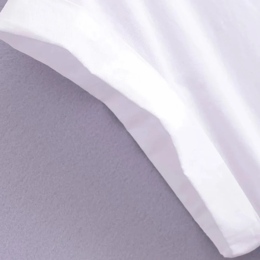 Asymmetric Poplin Shirt for Women with Front Knot Ties Short Sleeve Button-Up Chic Blouse Top