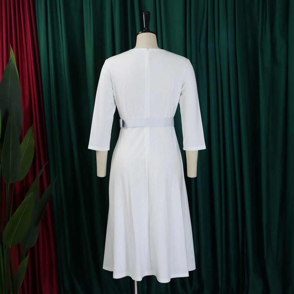 V Neck Office Dress For Women Belted Pleated Mid Calf