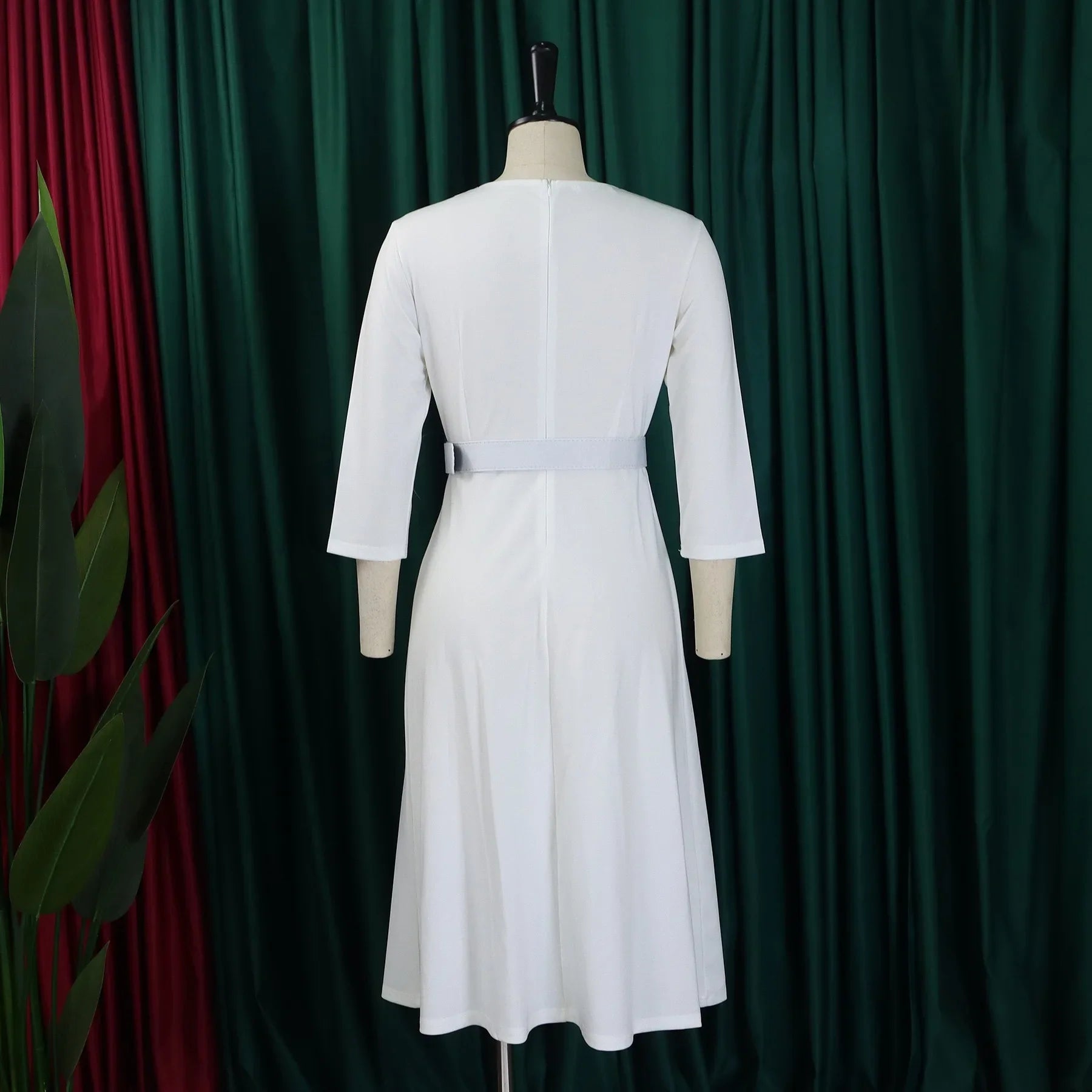 V Neck Office Dress For Women Belted Pleated Mid Calf