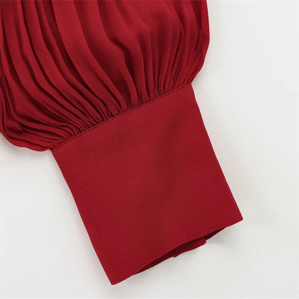 Women's Casual Long Sleeve Bow Tie Shirt Retro Loose Fit Solid Color Spring Top