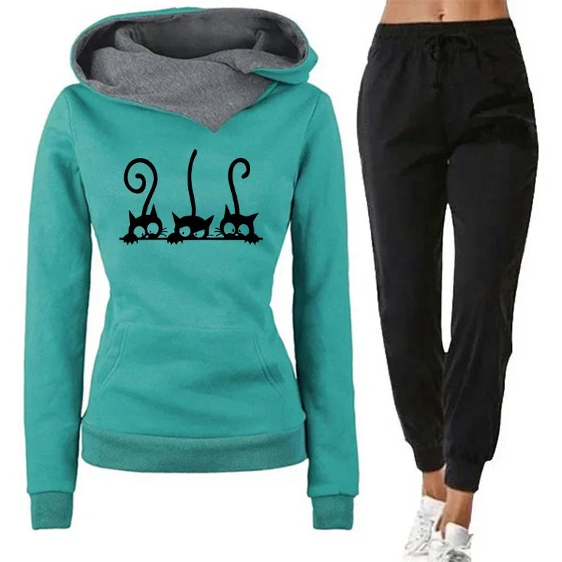 Womens Cute Cat Print Tracksuit Hooded Sweatshirt and Jogging Pants Set for Casual Autumn and Winter Wear