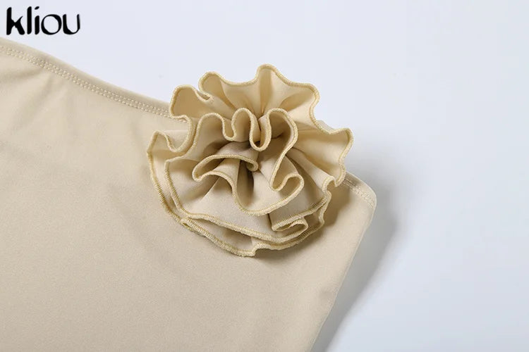 3D Floral Patchwork Two Piece Set for Women Slim Strapless Irregular Shape Top with Bandage Hip Skirt Stylish Holiday Outfit