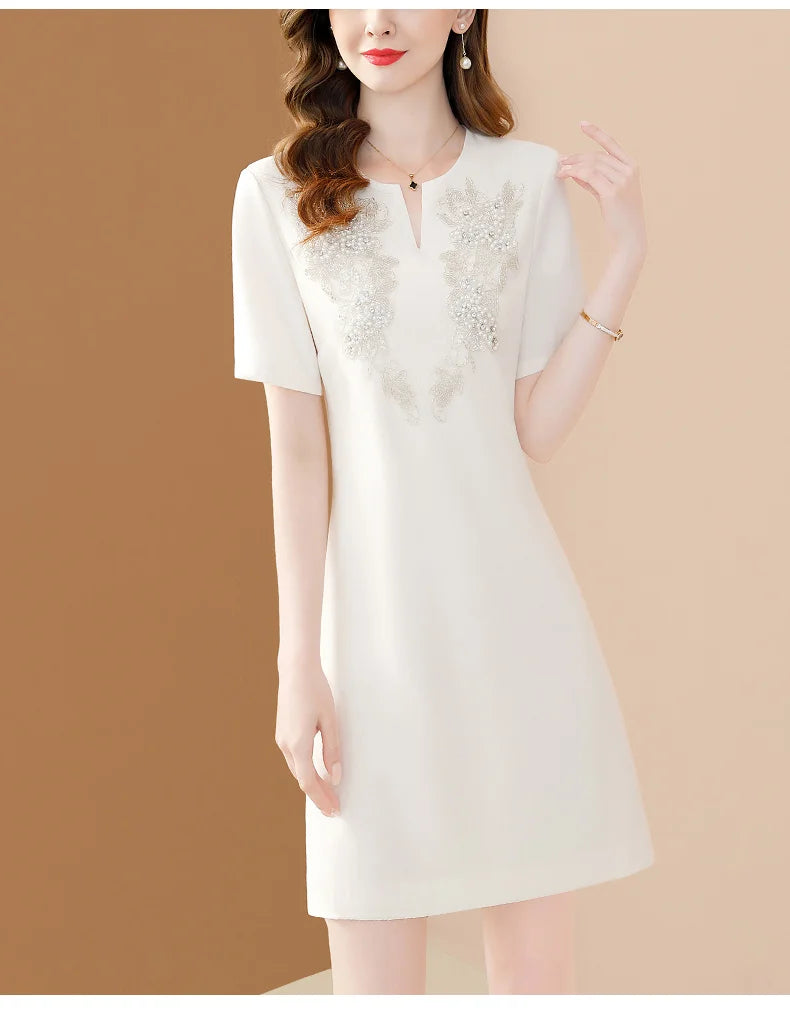 White Floral Embroidery A-Line Dress Short Sleeve Chic