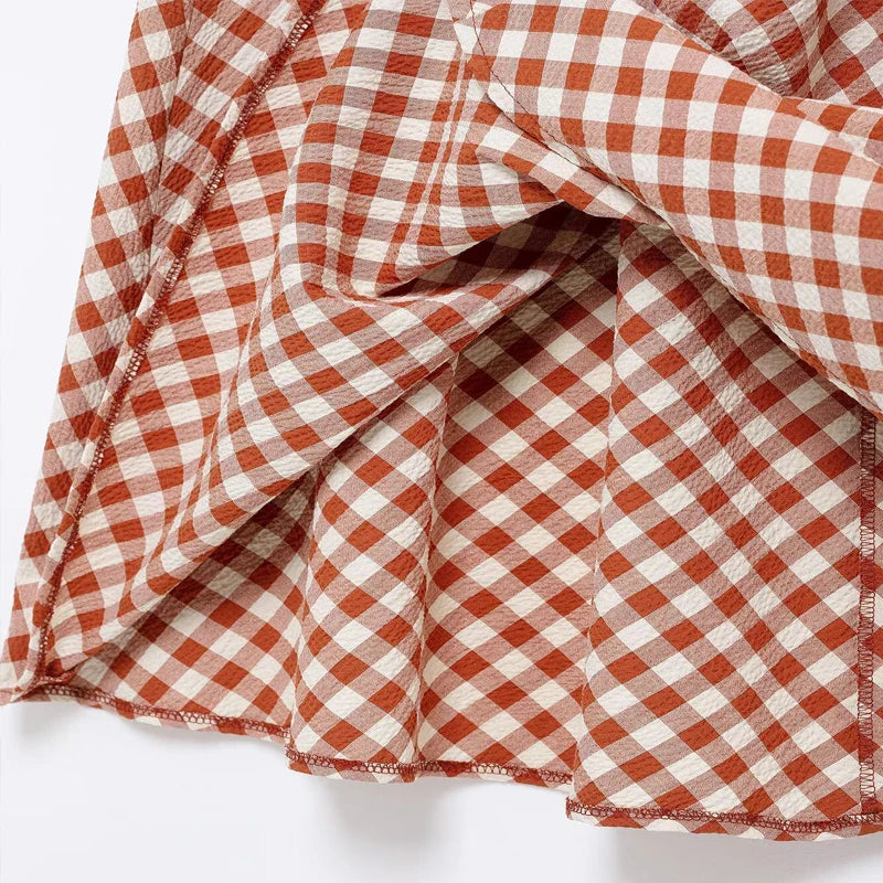 Women's Plaid Halter Crop Top with Backless Design and High Waist Vintage Maze Pattern Skirt Set