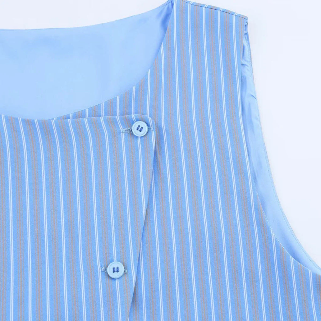 Asymmetric Striped Vest Pants Suit for Women with Round Neck Sleeveless Top and Elastic Waist Pants, Casual Chic Outfit for Spring and Summer