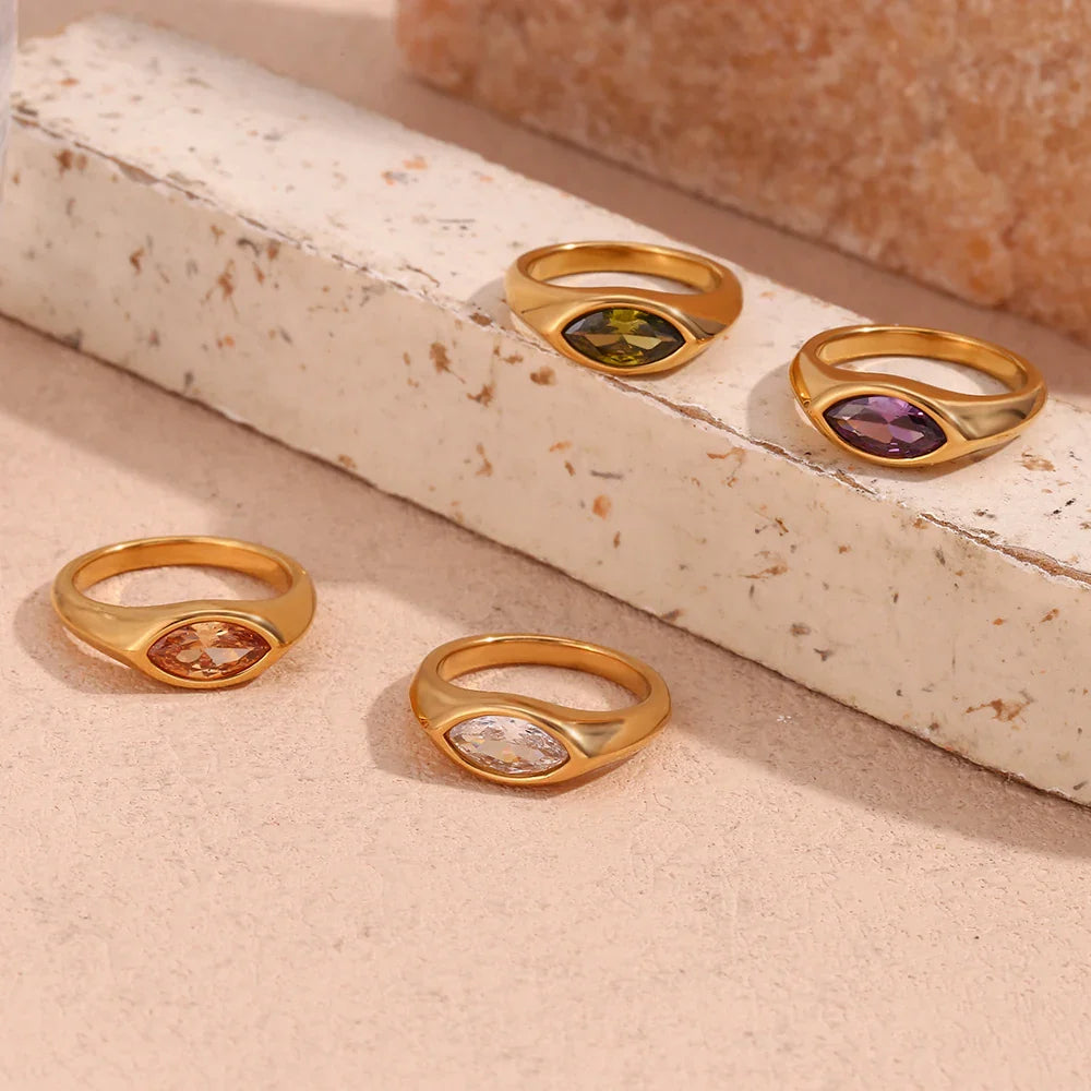 Hypoallergenic 316L Stainless Steel Colorful Horse Eye Zircon Seal Ring with 18K Gold Plating