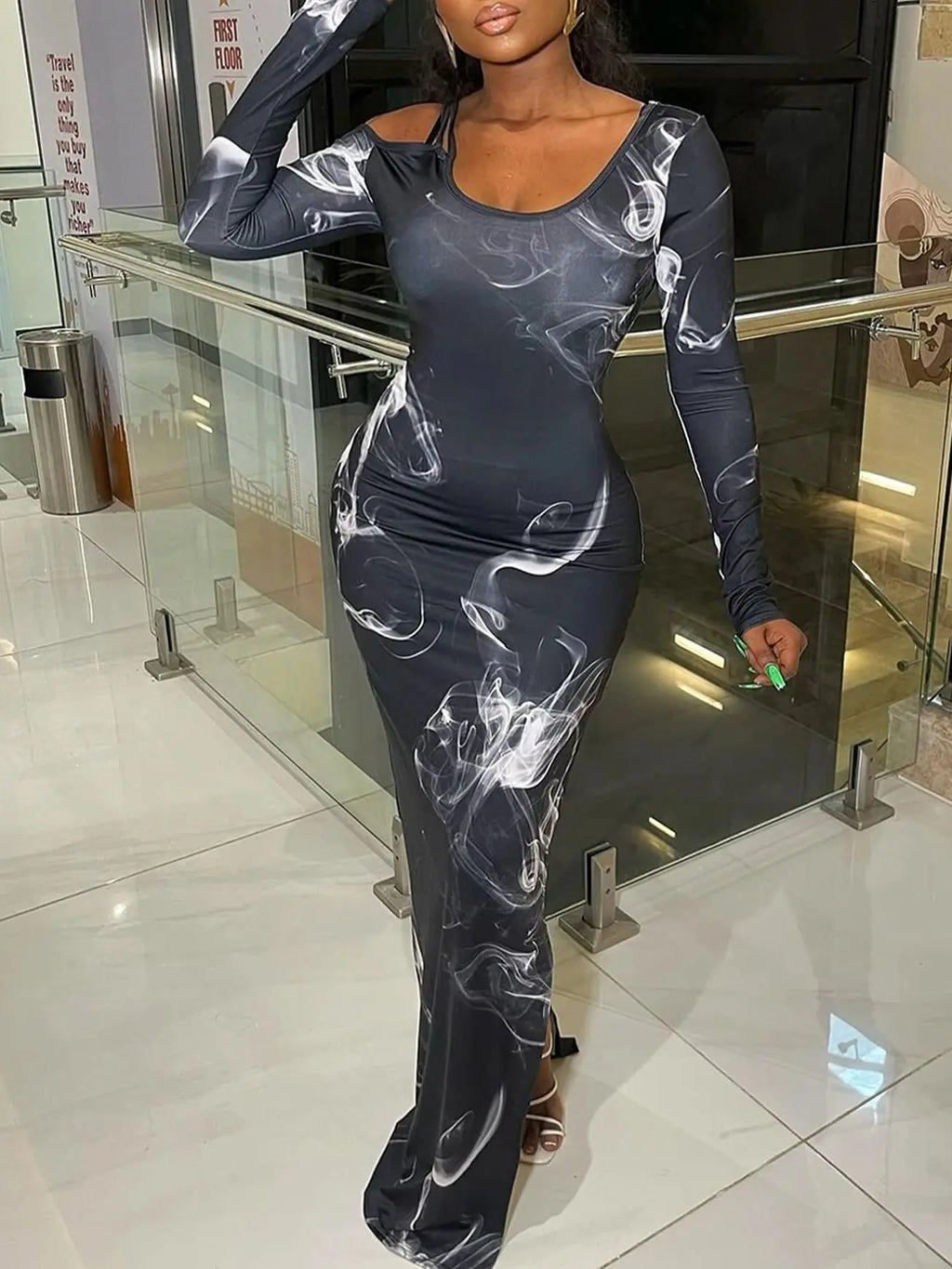 Women's Long Sleeve Printed Mesh Midi Dress Round Neck