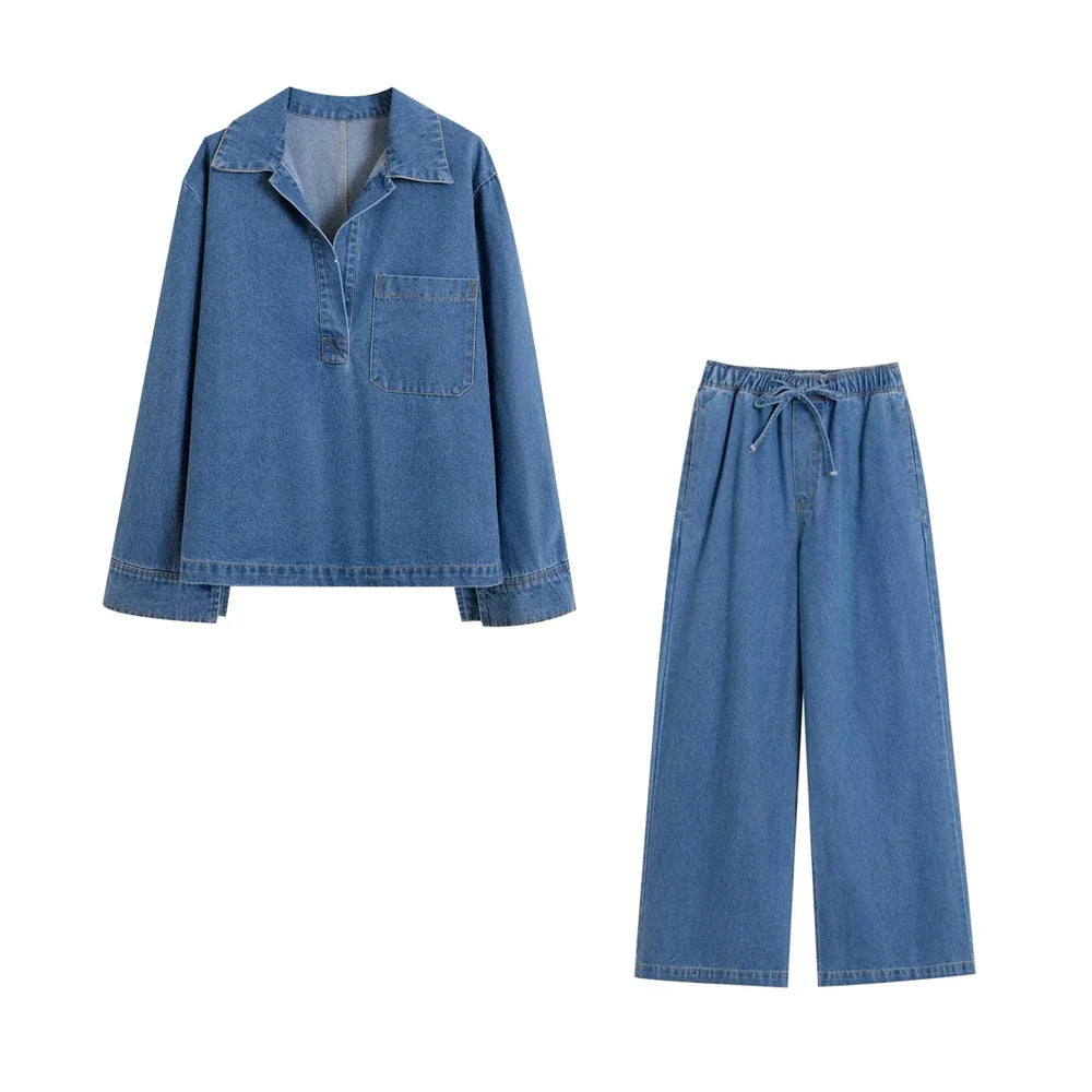 Women's Denim Loose Shirt with Pockets and High Elastic Waist Wide Leg Pants Two Piece Set