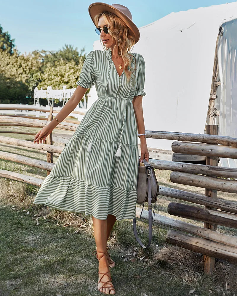 Striped Lantern Sleeve Midi Dress With V Neck Ruffles
