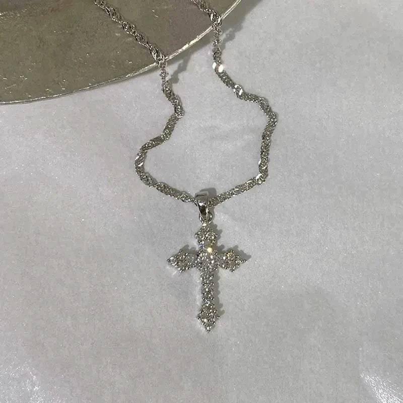 Shiny Crystal Zircon Cross Pendant Necklace for Women with Silver Color Thin Chain Party Jewelry Gift