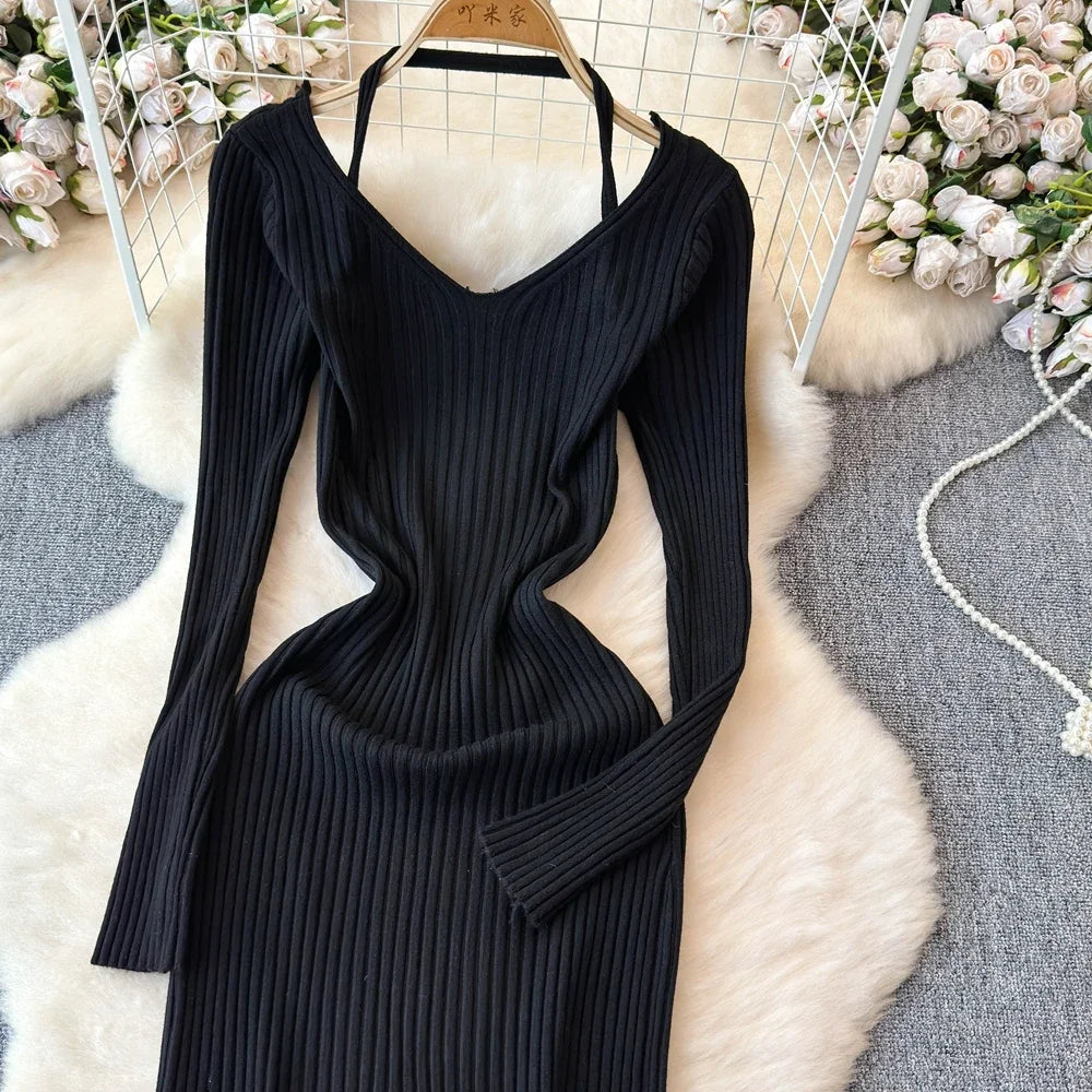 White Long Sleeve V Neck Lace Up Elegant Dress For Women