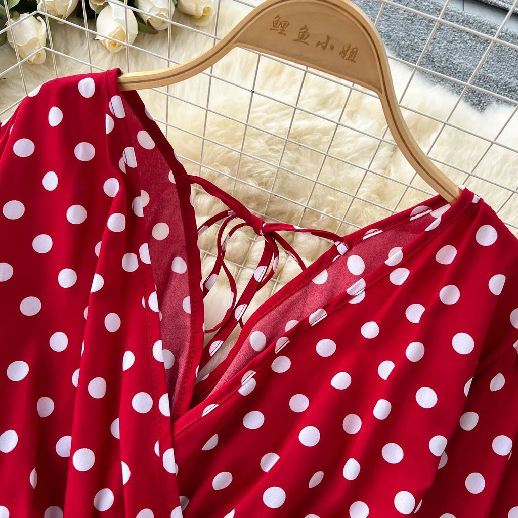 Elegant Polka Dot Romper for Women V-Neck Short Sleeve High Waist Wide Leg Jumpsuit Loose Fit Summer Playsuit