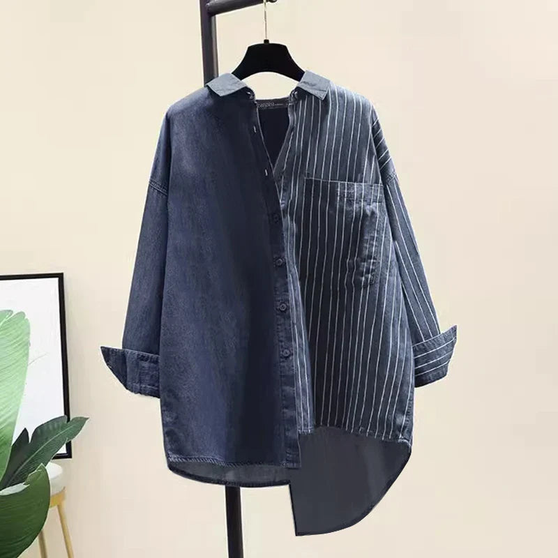 Women's Striped Patchwork Long Sleeve Shirt Casual Loose Blouse with Front Pocket and Shirt Collar Oversized Work and Everyday Wear Top