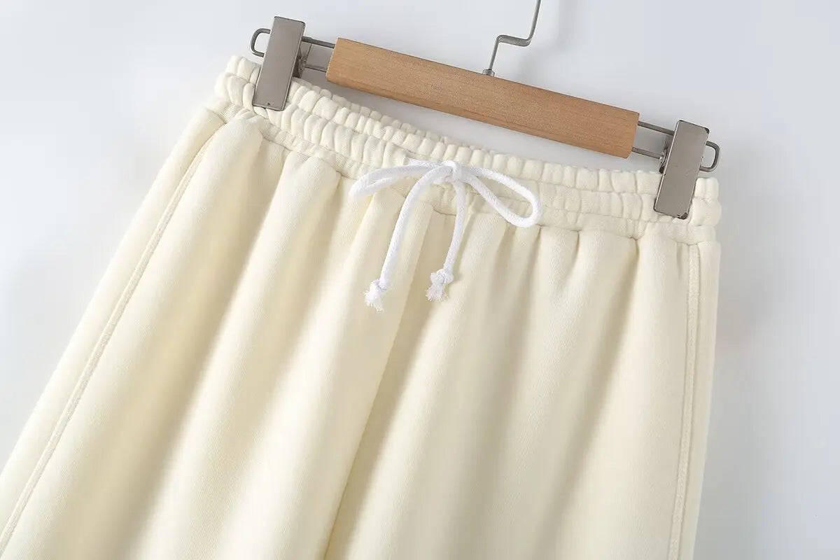 Solid Hoodie Top and Wide Leg Long Pant Set for Women with Elastic Waist and Chic Lace-Up Design