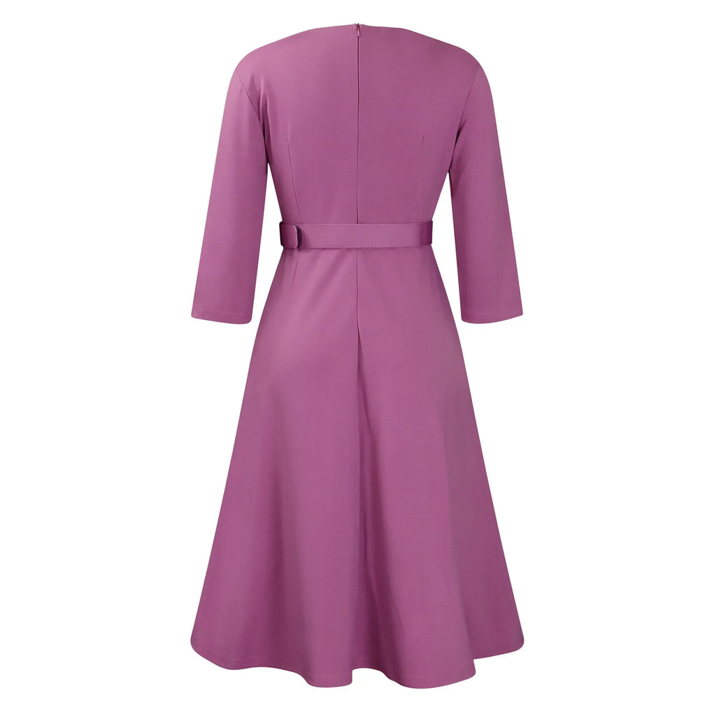 V Neck Office Dress For Women Belted Pleated Mid Calf