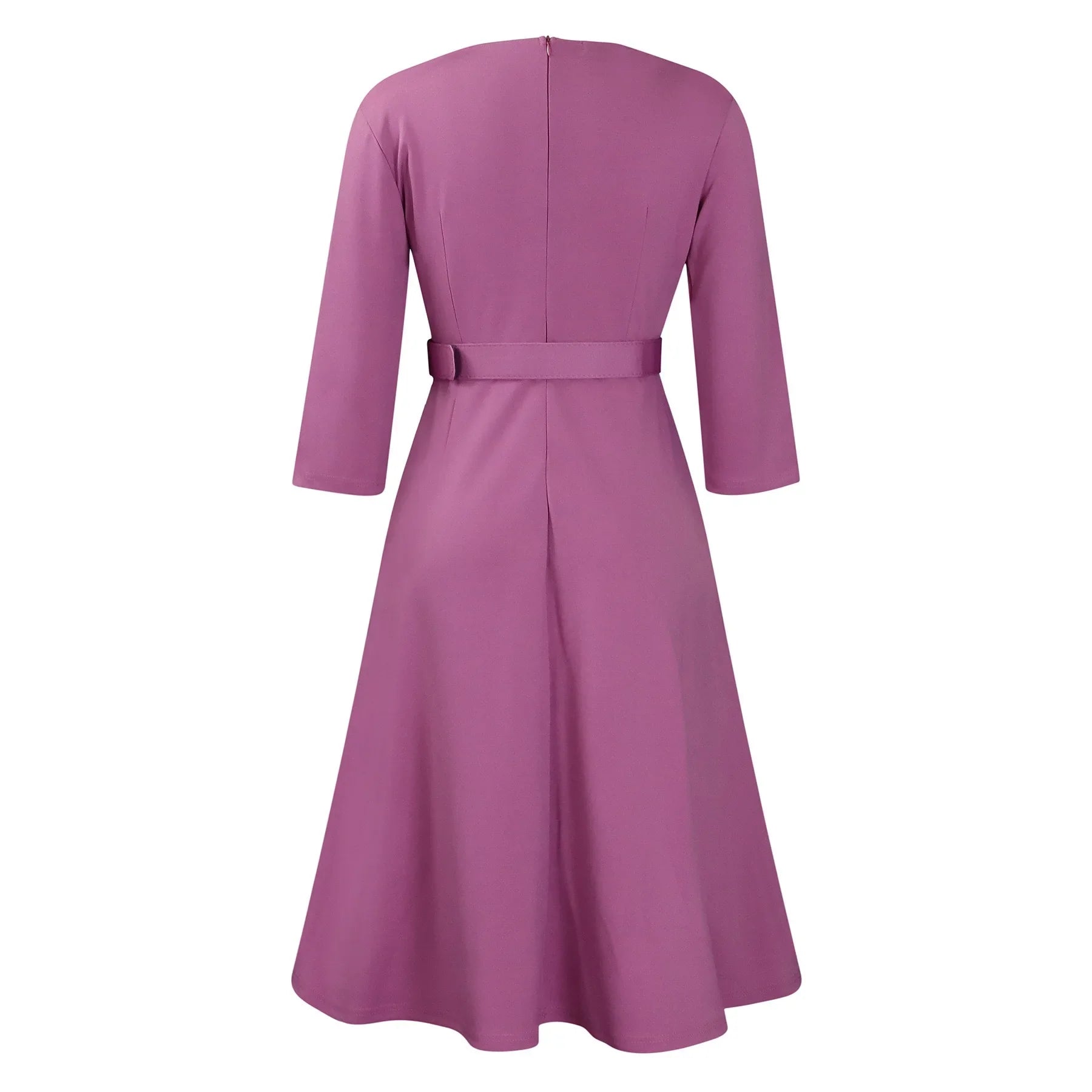 V Neck Office Dress For Women Belted Pleated Mid Calf