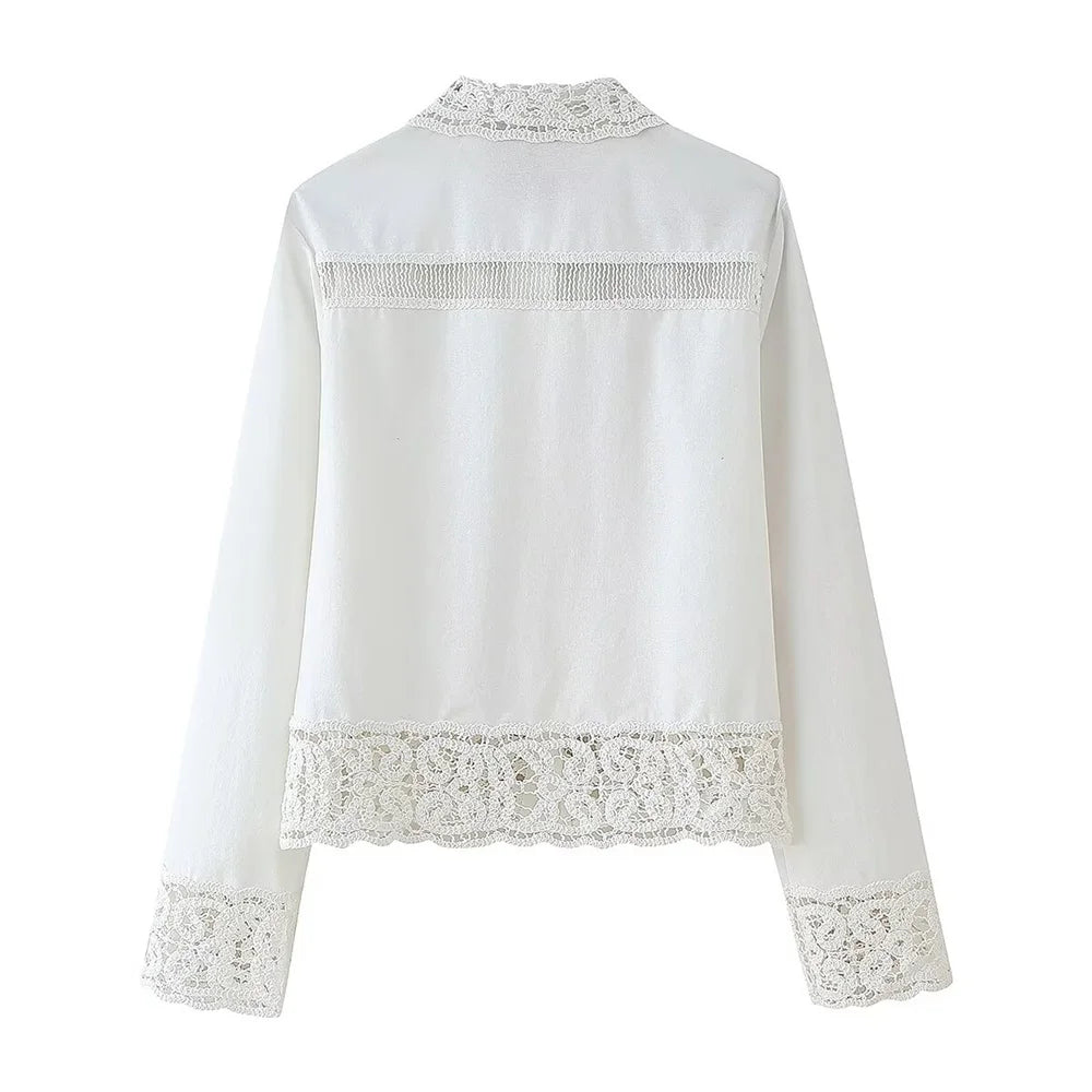 Women White Long Sleeve Blouse and Wide Leg Pants Set with Lace Trim Elegant Design