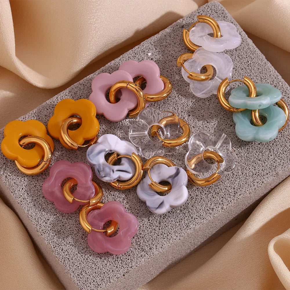 Colorful Resin Flower Drop Earrings for Women in Waterproof Stainless Steel Hoops