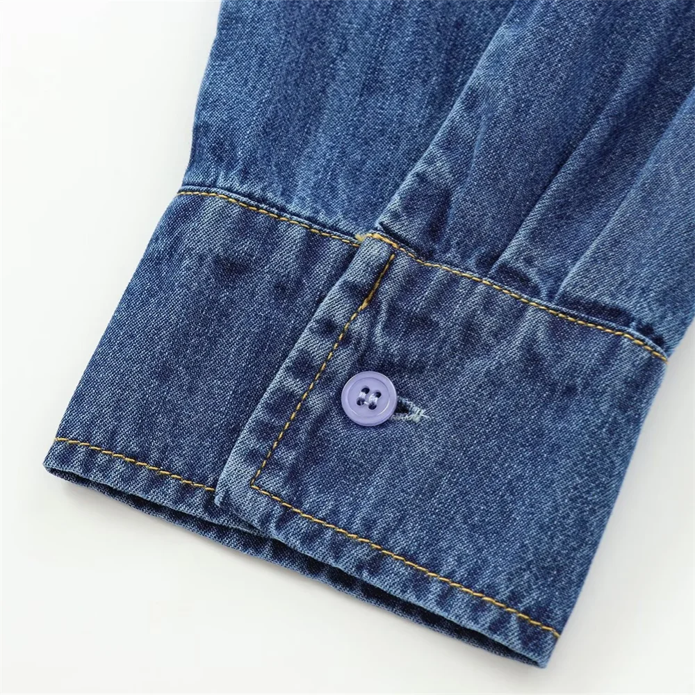 Women's Long Sleeve Cotton Cowboy Shirt with Round Collar Casual Versatile Autumn Top