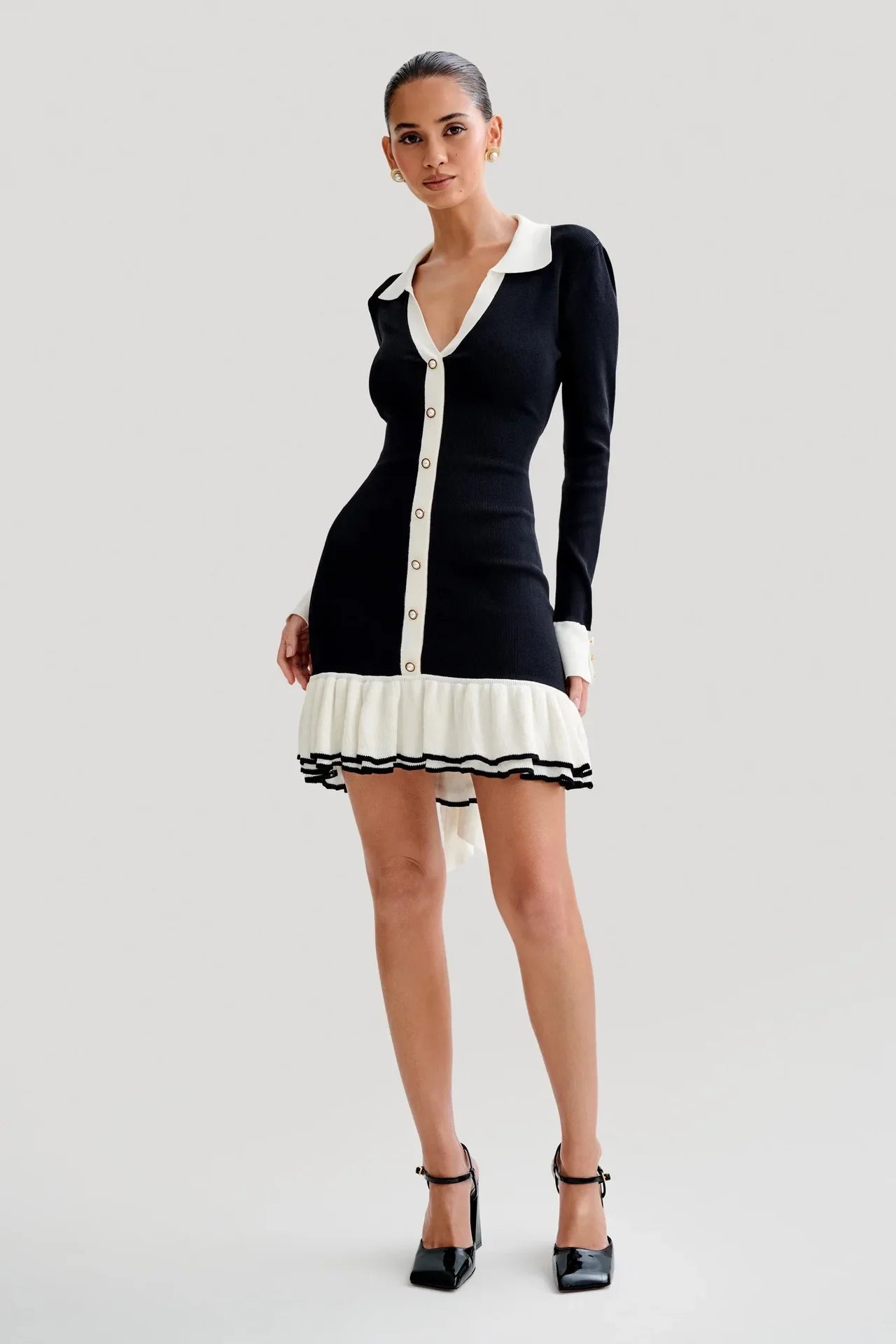 Knitted Dress With Pearl Buckle And Ruffle Edge Sleeves