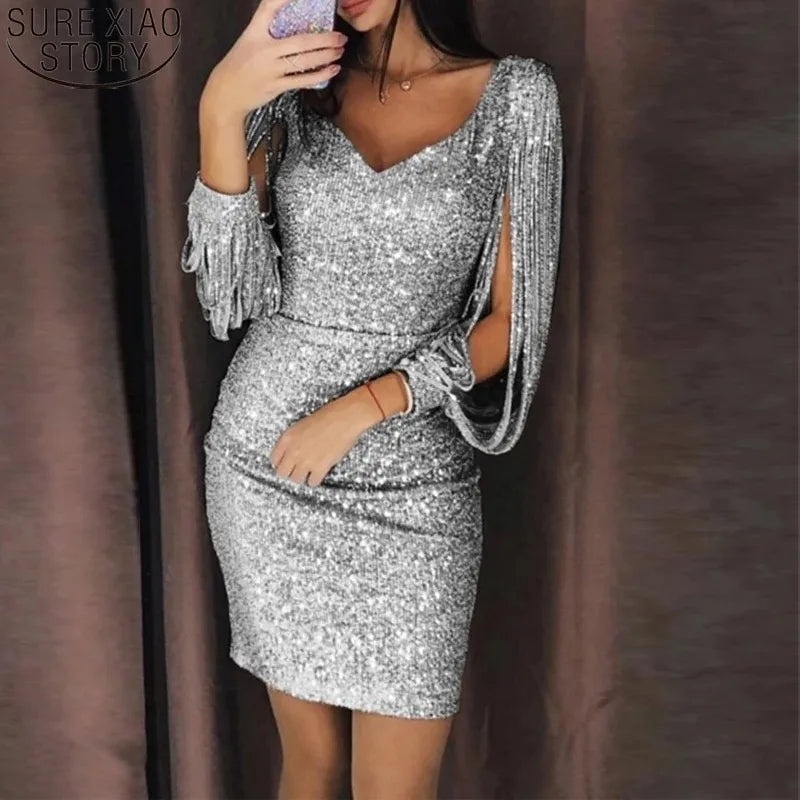 Tassel Mini Dress With V Neck And Three Quarter Sleeve