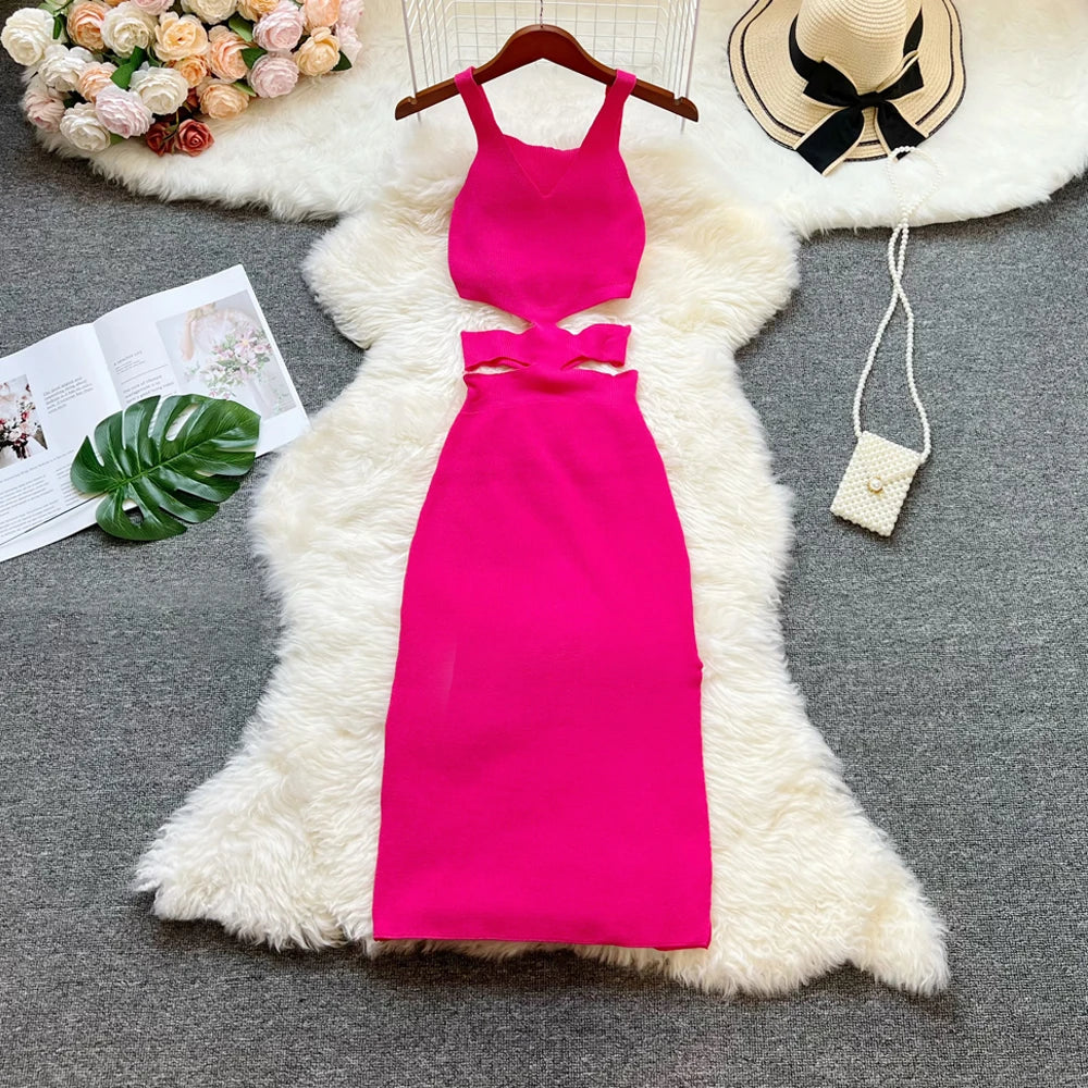 Sexy Hollow Out Waist Knitted Bodycon Summer Dress For Women
