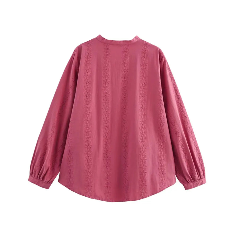 Womens Long Sleeve Cutwork Embroidery Shirt Chic Blouse with Front Covered Buttons Elegant Fashion Top