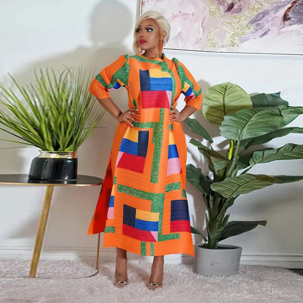 Leaf Print Pleated Boho Maxi Dress for Women Casual Beach