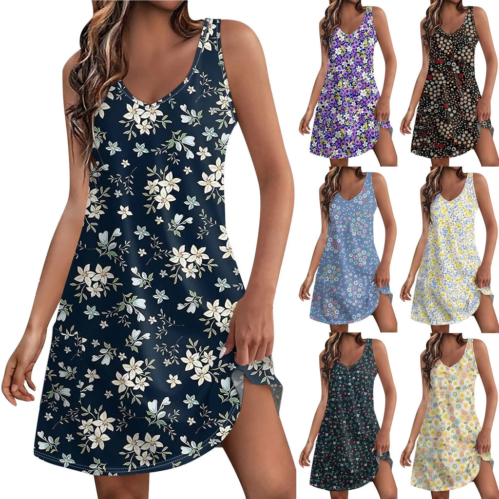 Bohemian Flower Print Beach Dress With Pockets For Women