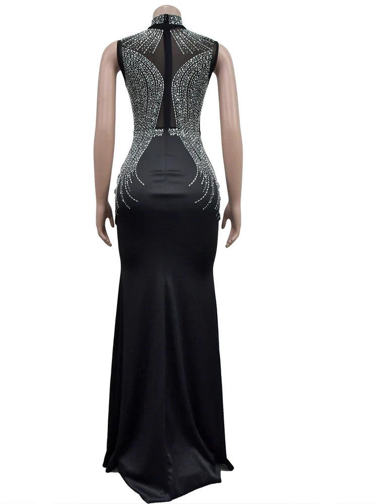 Crystal Mesh Maxi Dress High Split Sleeveless Bodycon