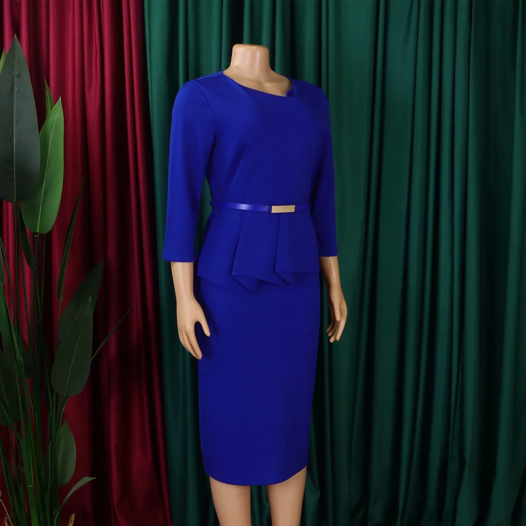 Women's Office Dress Sheath Belted Mid Calf Formal Wear