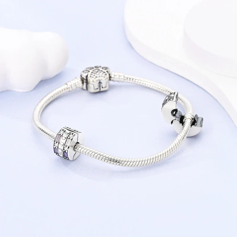 Fit Original 925 Sterling Silver Clip Charms with Zircon and Silicone Spacer Beads for Women DIY Bracelet Gift