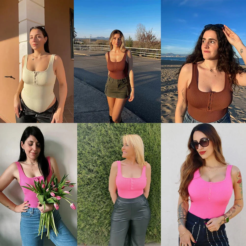 Women's Button Front Square Neck Ribbed Sleeveless Skinny Bodysuit Slimming Shapewear Casual Tank Top