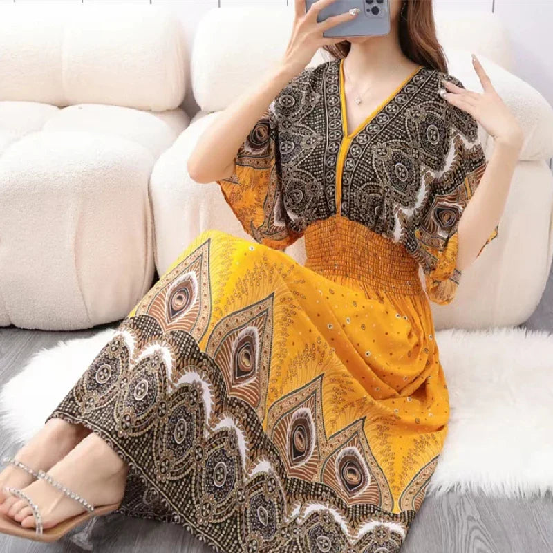 Sweet Countryside Printed Midi Dress V Neck Batwing