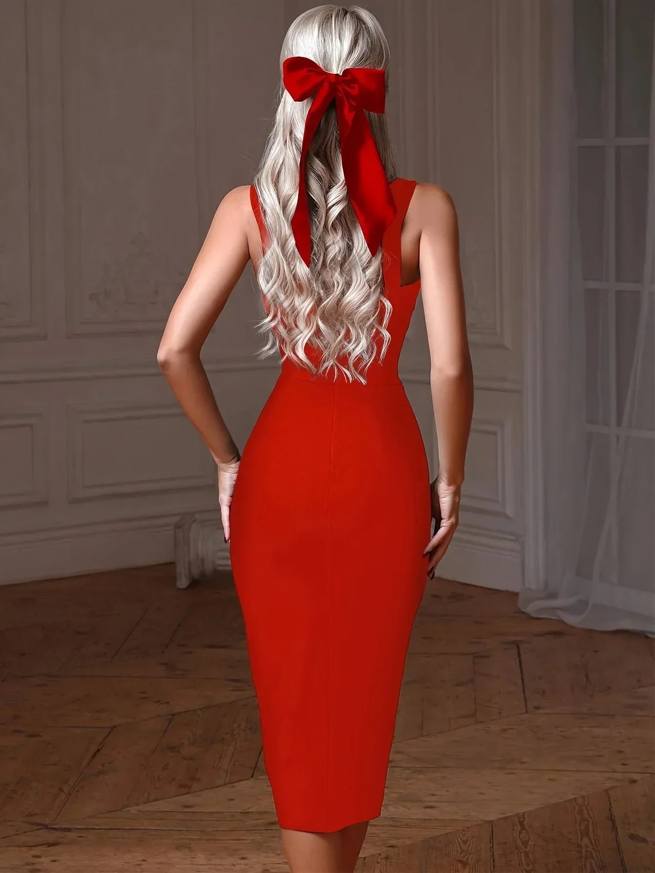 Red Midi Bandage Dress Bodycon Evening Party Gown Outfit