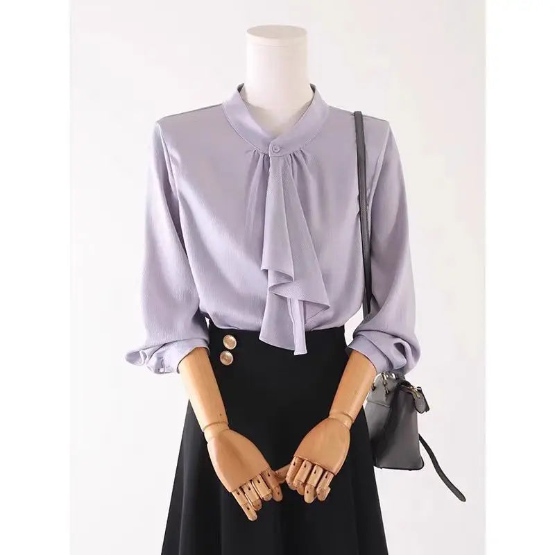 Elegant Scarf Collar Button Up Blouse for Women Long Sleeve Solid Color Temperament Top Spring Autumn Fashion Shirt