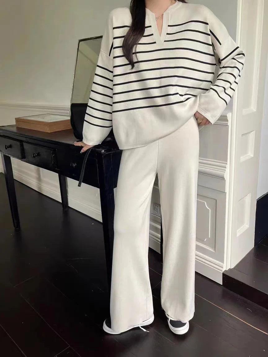 Women's Winter Sweater Set with Stripe Knit Pullover and Wide Leg Pants for Casual Elegance