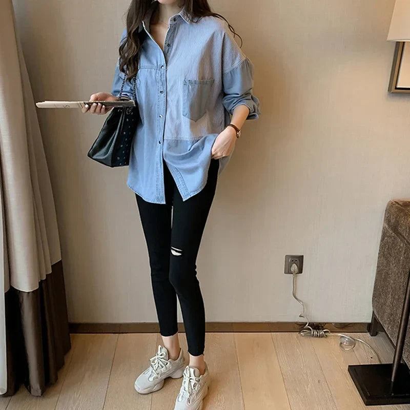 Loose Fit Women's Denim Shirt Long Sleeve Cotton Casual Button-Up Korean Style Autumn Winter Camisa Jeans Shirt