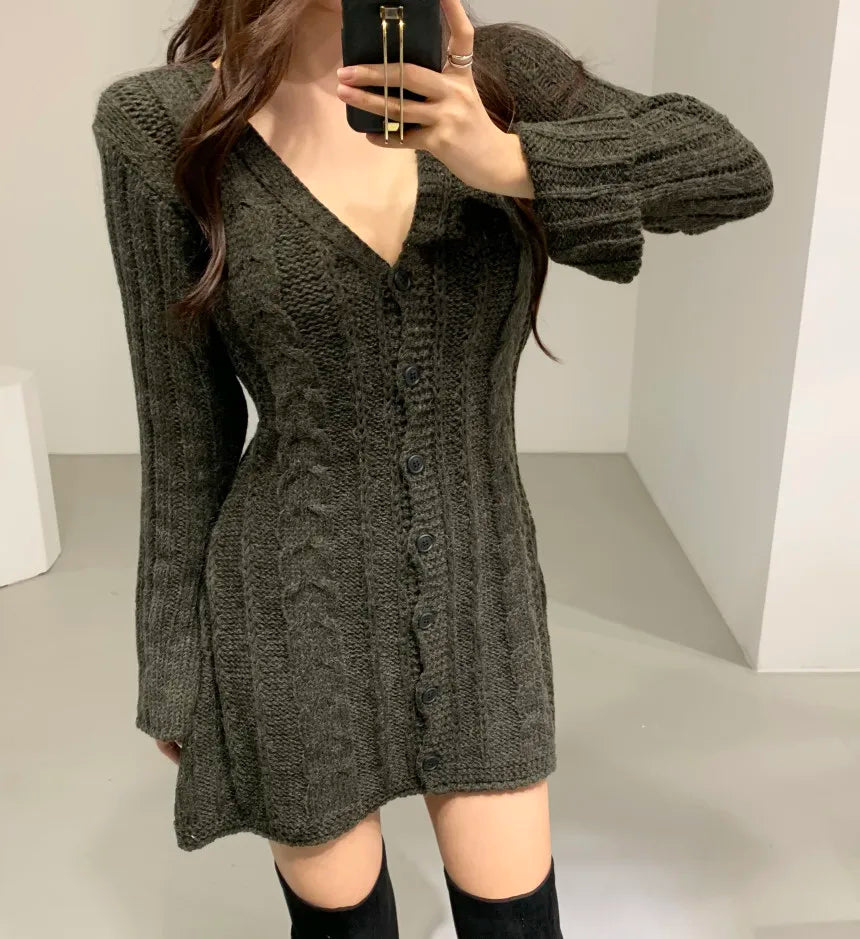 Cable Knit Sweater Dress For Women Long Sleeve Button Down