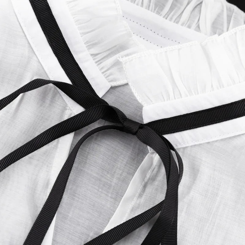 Sexy Loose White Women's Shirt With Ruffles Long Sleeve Sheer Elegant Blouse Stylish Transparent Top