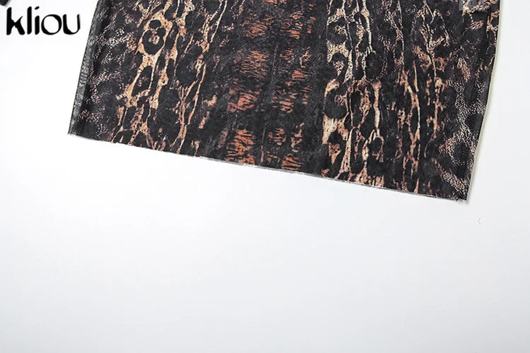 Leopard Print Mesh Mini Dress Women See Through Bodycon