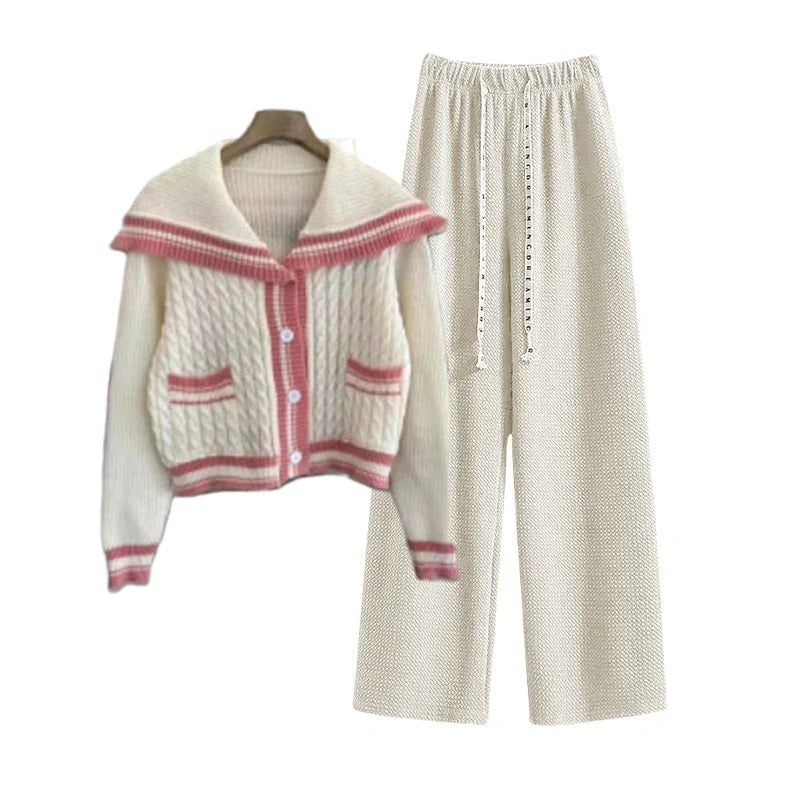 Preppy Style Knitted Two Piece Set with Sailor Collar Sweater and Elastic Pants for Women's Korean Sportswear