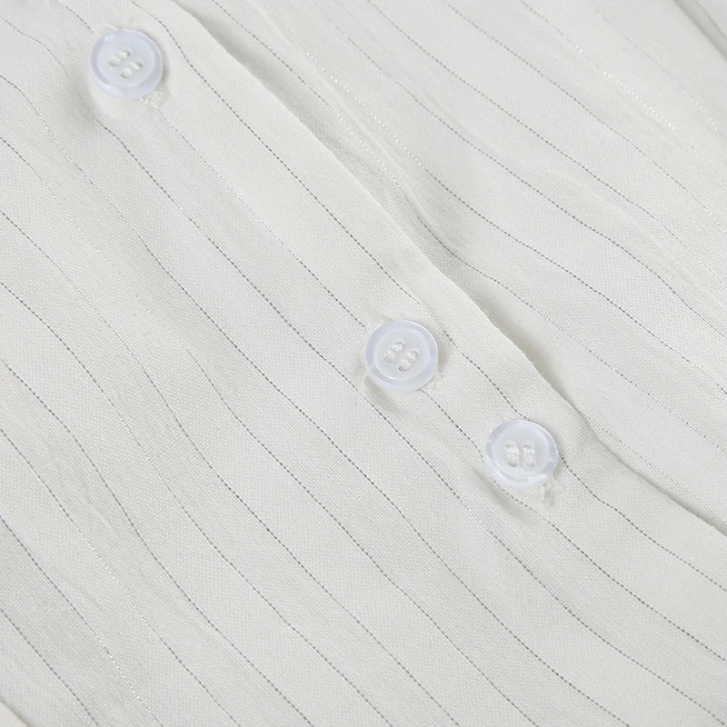 Slim Striped Blouse for Women Casual V-Neck Turn-Down Collar Short Puff Sleeve Summer Shirt